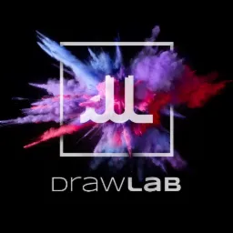 Minimalistyczne logo firmy DrawLab przedstawiające stylizowaną literę 'DL' w negatywie, z ukrytą probówką, na tle kolorowej eksplozji przypominającej farby w odcieniach czerwieni, fioletu i błękitu...