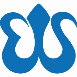 Niebieski, abstrakcyjny symbol przypominający stylizowaną literę 'W' z elementami roślinnymi na białym tle.