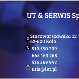 Wizytówka firmy UT & SERWIS Sp. z o.o. z adresem Starowarszawska 13, 62-600 Koło, numerami telefonów 510 550 209, 665 163 268, 516 569 942 i adresem e-mail utis@int.pl na rozmytym, gradientowym tle...