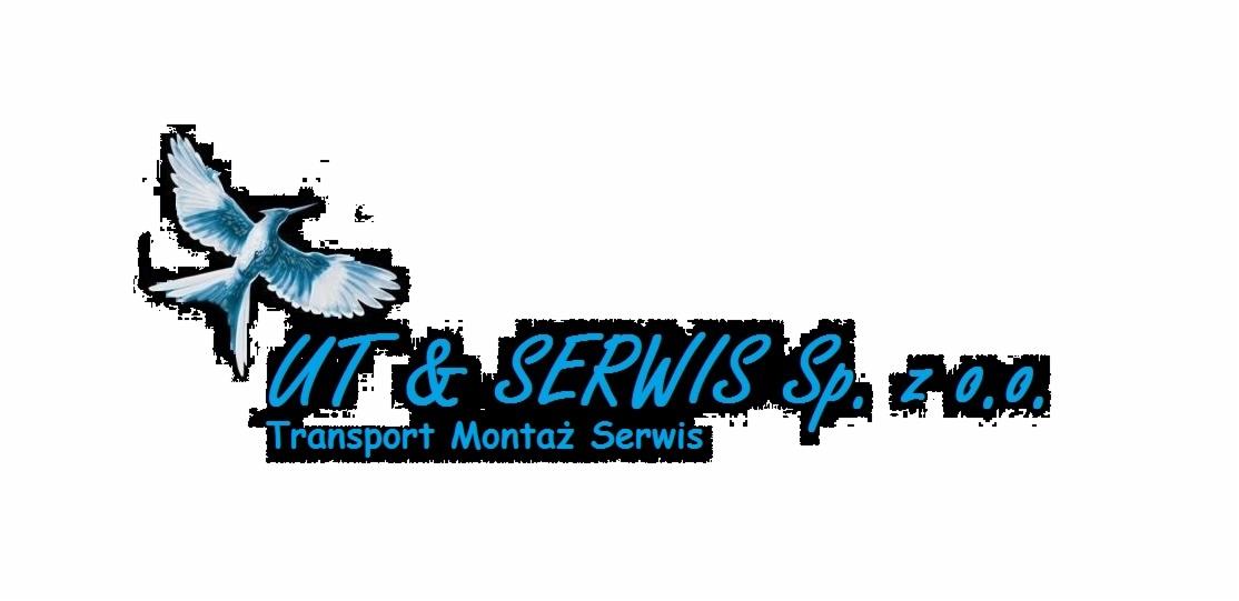 Niebieskie logo firmy UT & SERWIS Sp. z o.o. z grafiką lecącego ptaka, oferującej usługi transportu, montażu i serwisu.