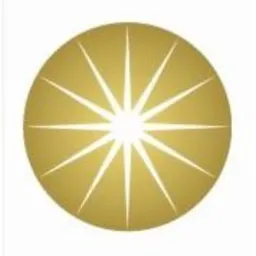 Złota kula z symetrycznie rozchodzącymi się białymi promieniami, tworząca abstrakcyjny symbol przypominający słońce lub gwiazdę.