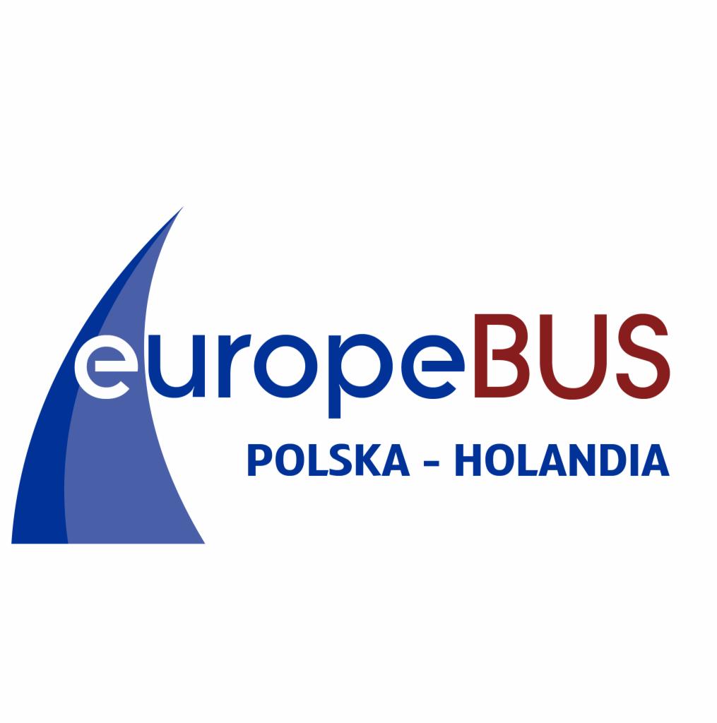 Logo EuropeBUS z niebieskim żaglem i napisem Polska - Holandia.