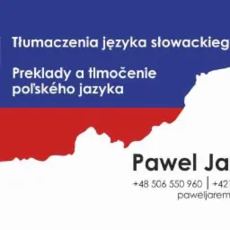 Wizytówka tłumacza języka słowackiego i polskiego z flagą Słowacji w tle, zawierająca imię i nazwisko Pawel Jarema oraz dane kontaktowe.
