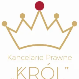 Złota korona z czerwoną kulką na szczycie, pod nią napis 'Kancelarie Prawne' i 'KRÓL' w cudzysłowach.