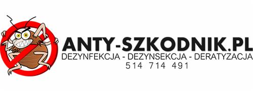 Logo firmy ANTY-SZKODNIK.PL oferującej dezynfekcję, dezynsekcję i deratyzację; grafika przedstawia przekreślonego, rozzłoszczonego szkodnika