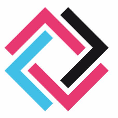 Abstrakcyjne logo firmy Cityrama.pl: czarny, różowy i błękitny wzór strzałek ułożonych w kwadrat na białym tle.