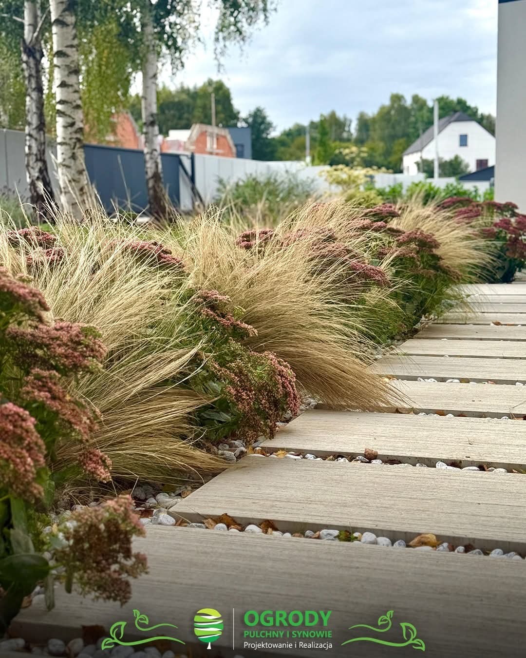 Nowoczesny ogród z ozdobnymi trawami i kamiennymi płytami chodnikowymi, oddzielonymi białym żwirem. W tle widoczne drzewa i zabudowa.