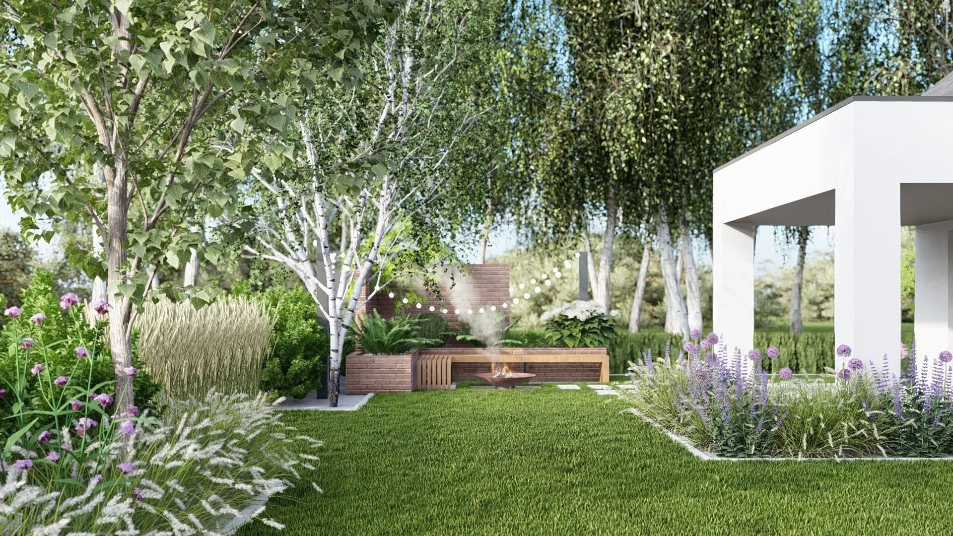 Wizualizacja ogrodu z paleniskiem, ceglanym murem i białymi brzozami. Oświetlenie girlandami, trawa, rabaty kwiatowe i nowoczesna architektura domu w tle.