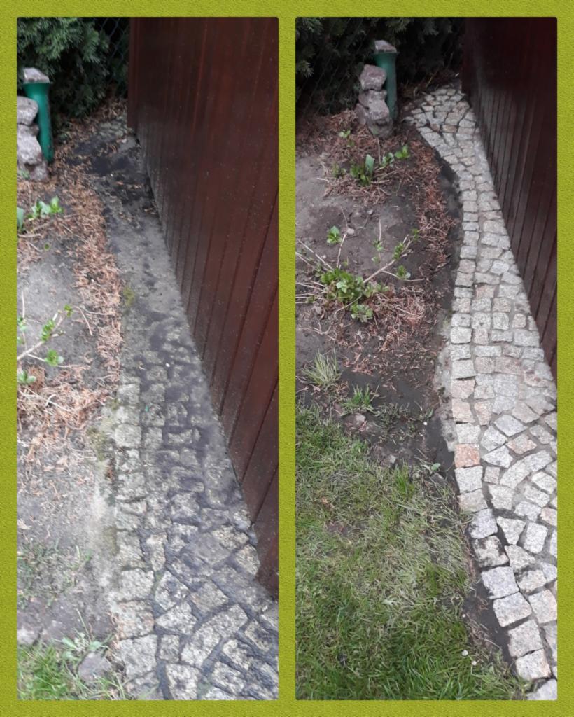 Porównanie kostki brukowej przed i po czyszczeniu wzdłuż drewnianego ogrodzenia; po prawej stronie widoczna umyta kostka i trawa, po lewej zabrudzona kostka i ziemia.