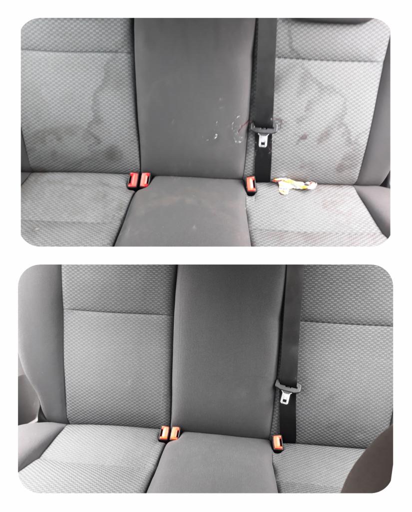 Porównanie tylnej kanapy samochodowej przed i po czyszczeniu, widoczne plamy i zabrudzenia usunięte, szara tapicerka