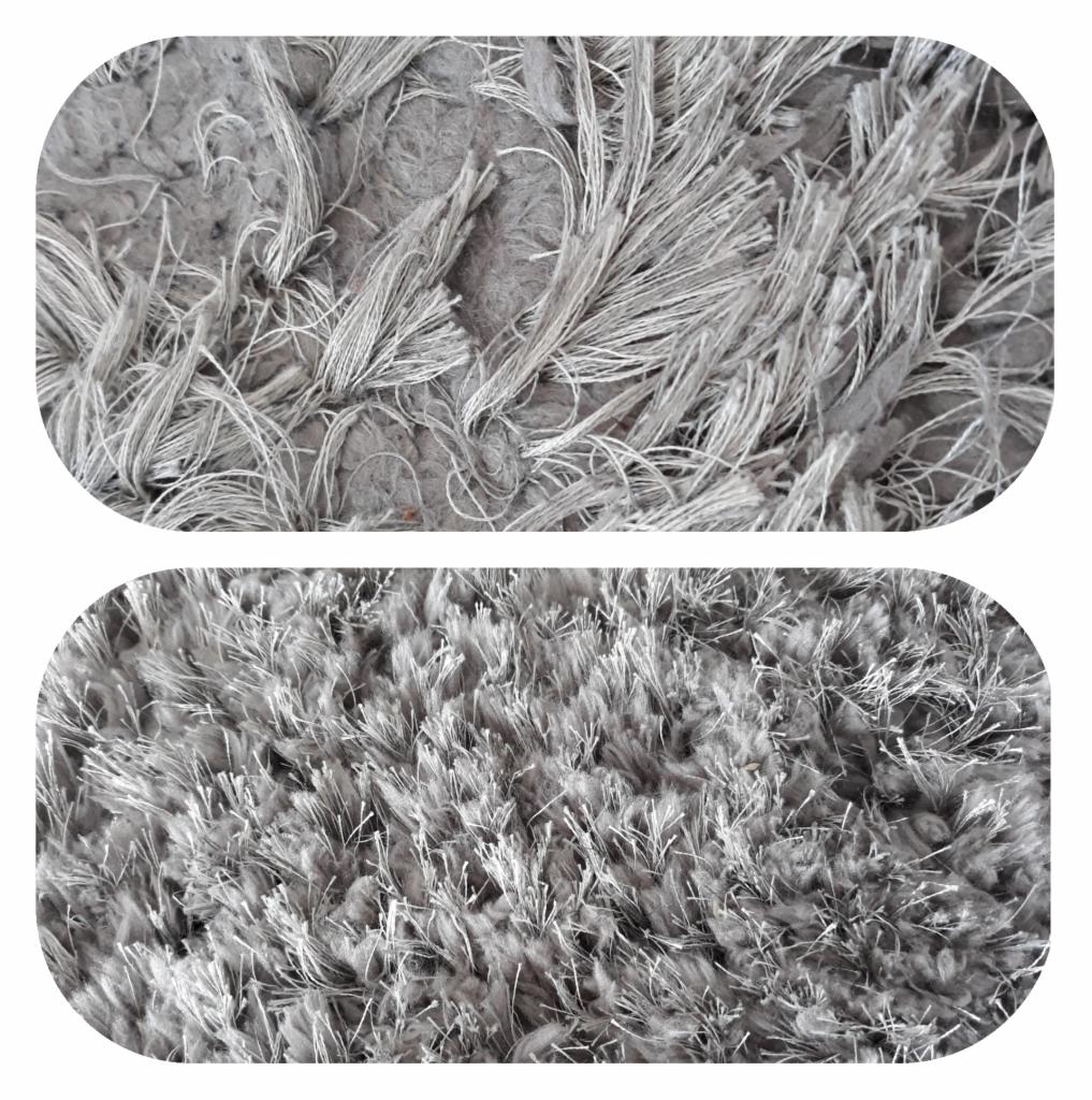Zbliżenie na dwie różne faktury szarego dywanu typu shaggy, górna część z długimi, luźnymi włóknami, dolna z krótkimi, gęstymi.