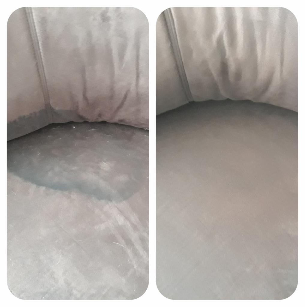 Porównanie stanu siedziska fotela tapicerowanego przed i po czyszczeniu, widoczne usunięcie zabrudzeń i sierści.