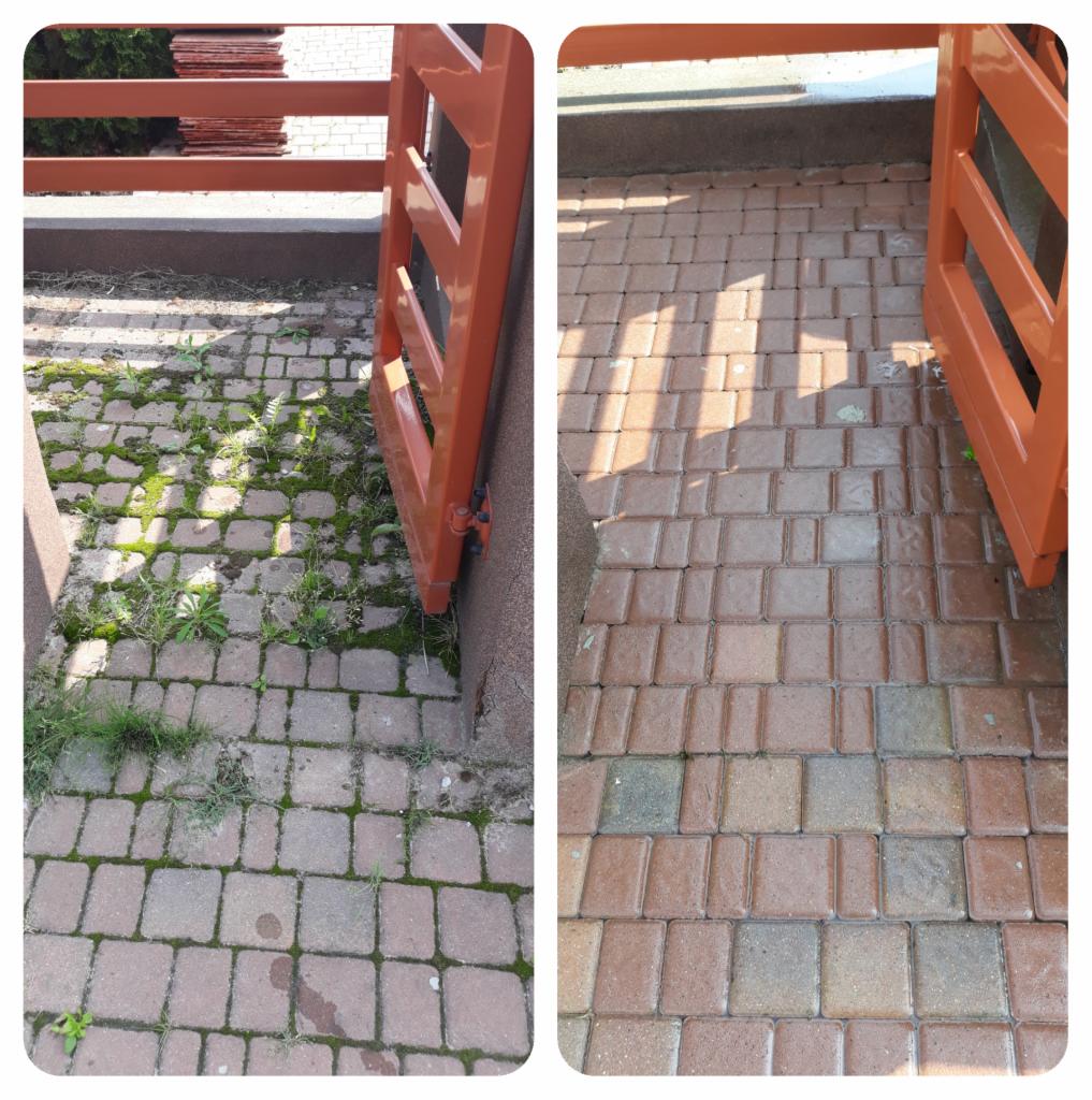 Porównanie stanu kostki brukowej przed i po czyszczeniu. Po lewej stronie kostka z mchem i zabrudzeniami, po prawej wyczyszczona kostka w promieniach słońca.