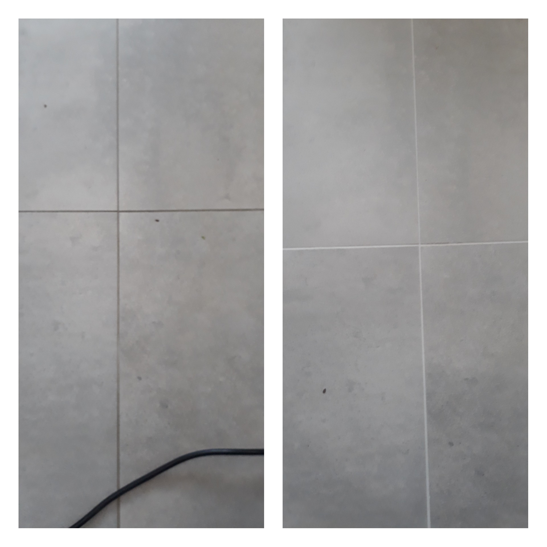 Porównanie stanu fug na podłodze przed i po czyszczeniu. Po lewej stronie widoczne zabrudzenia, po prawej czyste fugi.