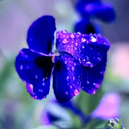 Makro zbliżenie na fioletowy kwiat fiołka z kroplami wody na płatkach, widoczne zielone liście w tle, głębia ostrości podkreśla detale.