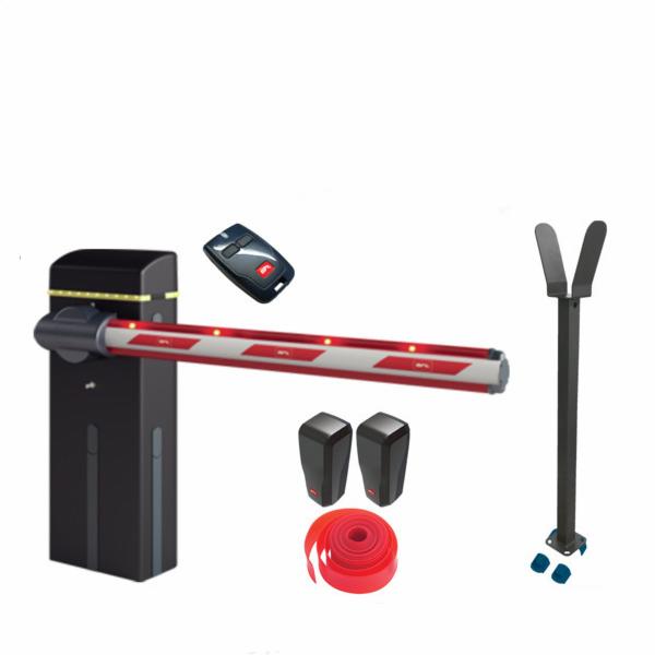 Automatyczny szlaban parkingowy z pilotem, fotokomórkami i akcesoriami montażowymi na białym tle.