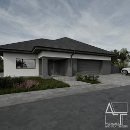 AT PRACOWNIA - Wizualizacja parterowego domu z garażem i szarą dachówką, z nowoczesną elewacją w odcieniach bieli i szarości, otoczonego zielenią i podjazdem z kostki.