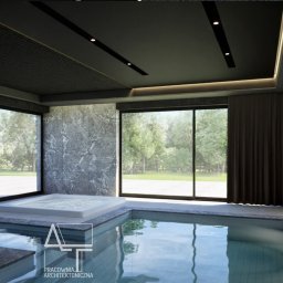 Wizualizacja luksusowego basenu w pomieszczeniu z jacuzzi i dużymi oknami, Chrzanów. Nowoczesny design z szarymi płytkami i oświetleniem punktowym.