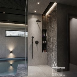 Nowoczesna łazienka z basenem: szare płytki, czarna armatura, oświetlenie LED. Widok na zewnątrz przez okna. Minimalistyczny design z akcentem na naturalne materiały.