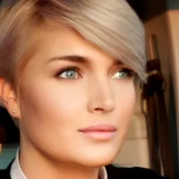 Portret kobiety o krótkich blond włosach, błękitnych oczach i delikatnym makijażu, ubrana w białą koszulę i ciemną marynarkę, spoglądająca w dal.