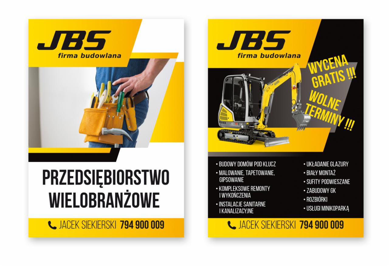 Ulotka reklamowa firmy budowlanej JBS z ofertą usług: remonty, budowy domów, instalacje i usługi minikoparką, prezentująca zbliżenie na pas narzędziowy pracownika oraz minikoparkę.