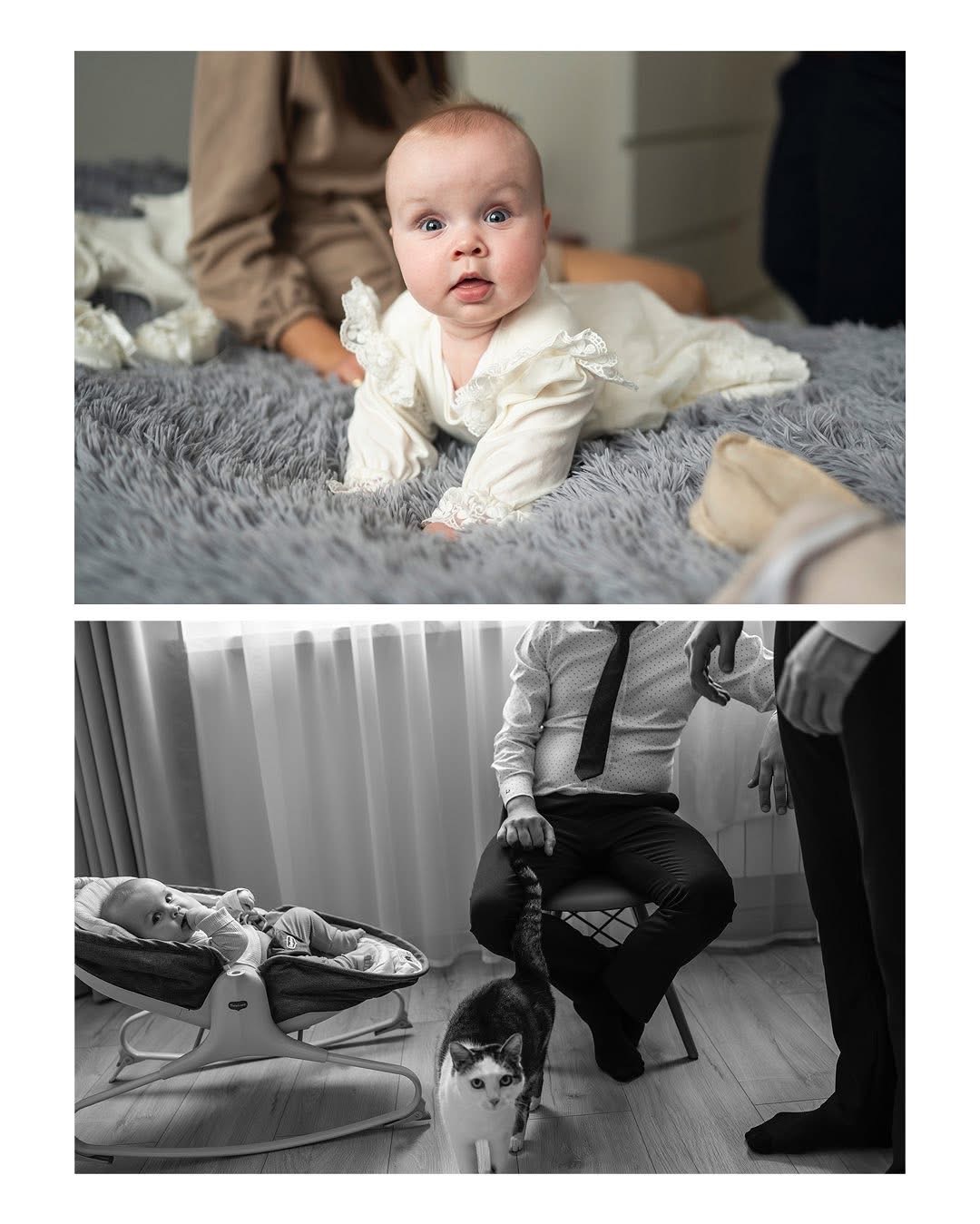Dwuczęściowe ujęcie: niemowlę w białej sukience z koronką na szarym futrzanym kocu, oraz niemowlę w bujaczku obok mężczyzny w garniturze i kota, czarno-białe zdjęcie.