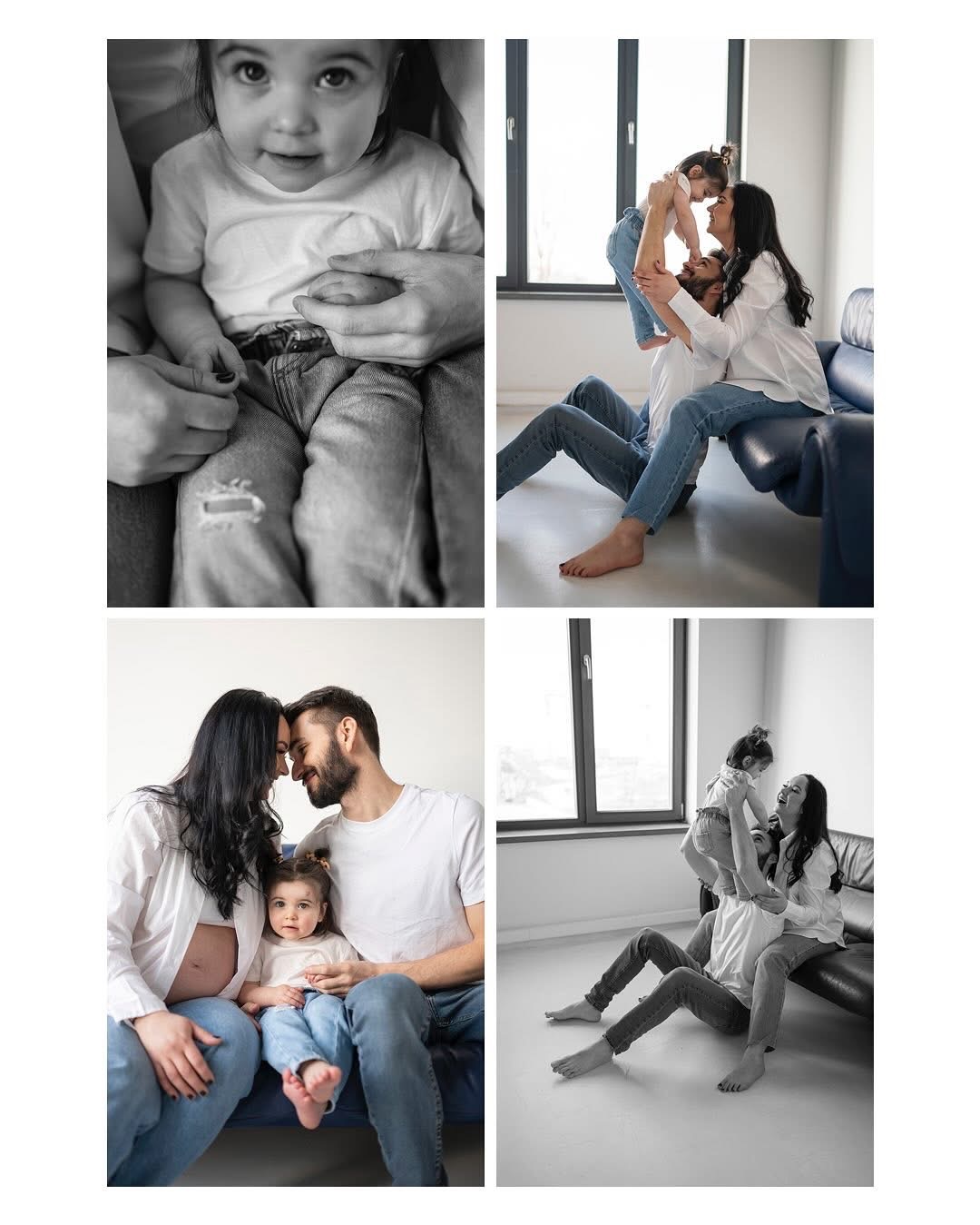 Kolaż czterech czarno-białych ujęć rodziny: zbliżenie na dziewczynkę siedzącą na kolanach osoby dorosłej, rodzice podnoszący córkę do góry, rodzice z córką siedzący obok siebie, widoczny ciążowy...