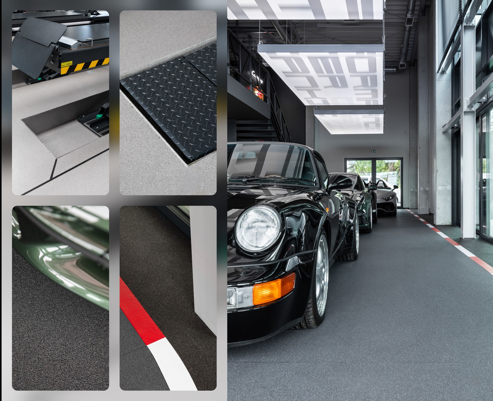 Szara posadzka przemysłowa w salonie samochodowym z trzema luksusowymi autami. Fragment kanału serwisowego i detale wykończenia podłogi.