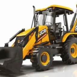 Żółta koparko-ładowarka JCB na białym tle, widok z boku, z łyżką z przodu i ramieniem kopiącym z tyłu.