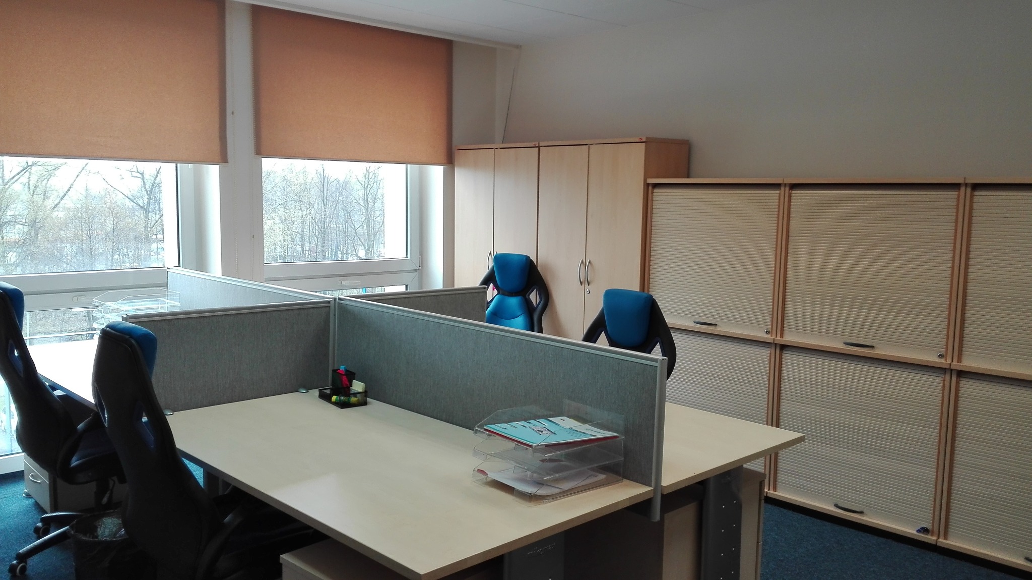 Biuro do wynajęcia w Katowicach: przestrzeń biurowa z biurkami oddzielonymi przegrodami, krzesła biurowe z niebieskimi oparciami, szafy z roletami w tle, widok z okna na drzewa.