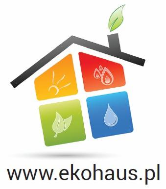 Logo firmy Ekohaus.pl przedstawiające dom z czterema kwadratami symbolizującymi słońce, ogień, liść i wodę oraz zielony liść na kominie.