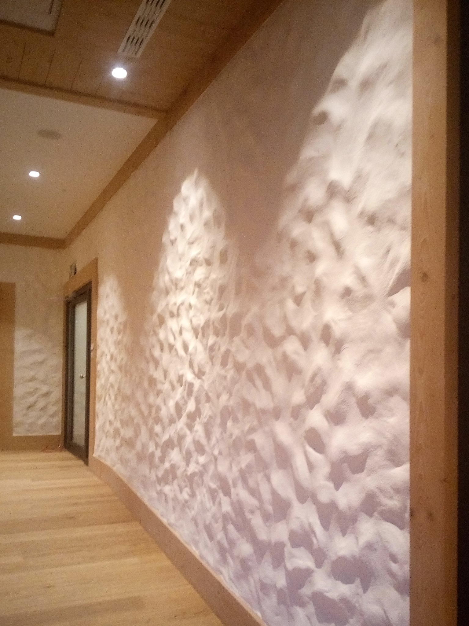 Beżowa ściana z dekoracyjną, nieregularną fakturą w korytarzu, drewniana podłoga i listwy przypodłogowe, widoczne drzwi i oświetlenie sufitowe.