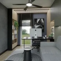 Wizualizacja domowego biura z szarą ścianą, minimalistycznym biurkiem z komputerem iMac, czarnym krzesłem obrotowym, okrągłym stołkiem i jasnoszarą sofą. Na suficie zamontowany czarny wentylator...