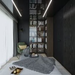 Monika Łączek IBP Custom Architecture & Design - Nowoczesna sypialnia z ciemnymi ścianami, podświetlaną półką na książki, zielonym fotelem i szarym pledem na łóżku. Minimalistyczny design z akcentami kolorystycznymi.