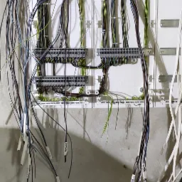 Rozdzielnica elektryczna z podłączonymi przewodami, niektóre z etykietami, widoczne narzędzia i materiały instalacyjne na podłodze.