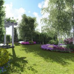 ML Architektura Krajobrazu - Wizualizacja ogrodu z pergolą, różnokolorowymi rabatami kwiatowymi i trawnikiem, drzewa liściaste i iglaste w tle, element tarasu po lewej stronie.