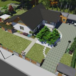 ML Architektura Krajobrazu - Wizualizacja projektu domu jednorodzinnego z ogrodem, widok z góry, prezentująca zagospodarowanie terenu z trawnikiem, ścieżkami z kamienia, pergolą i podjazdem z kostki brukowej.