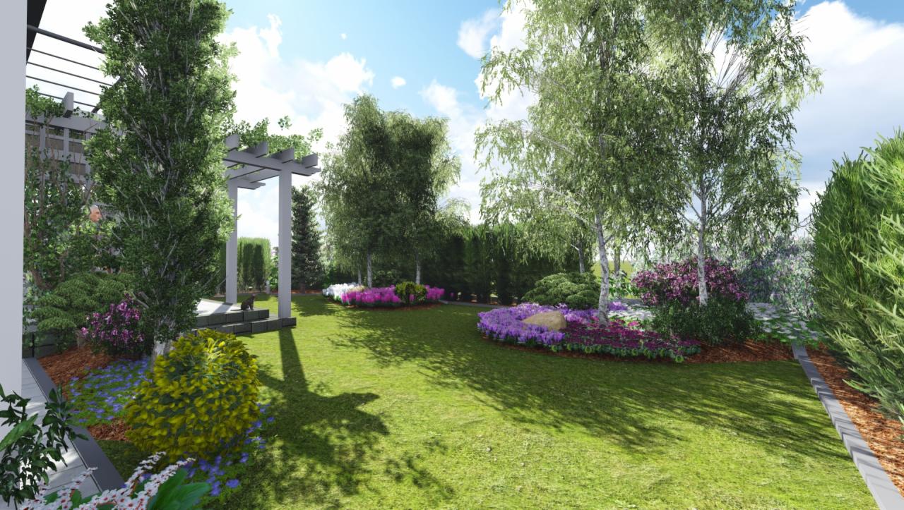 Wizualizacja ogrodu z pergolą, różnokolorowymi rabatami kwiatowymi i trawnikiem, drzewa liściaste i iglaste w tle, element tarasu po lewej stronie.