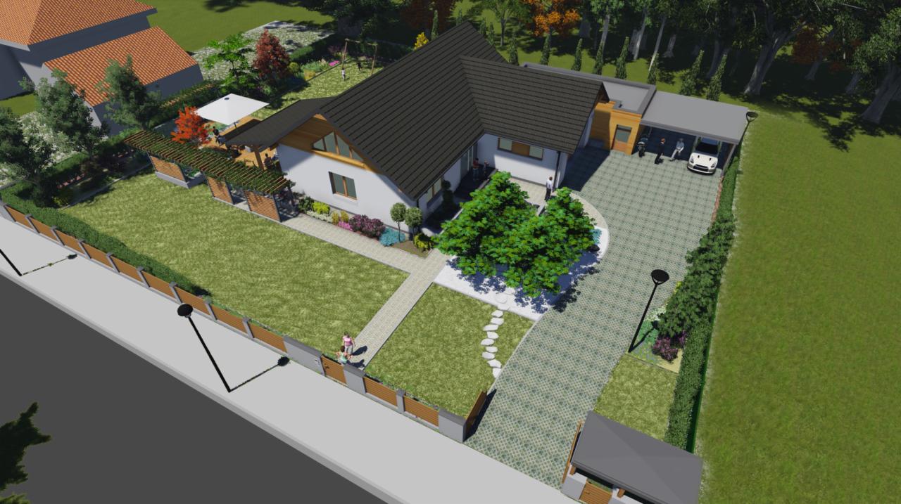 Wizualizacja projektu domu jednorodzinnego z ogrodem, widok z góry, prezentująca zagospodarowanie terenu z trawnikiem, ścieżkami z kamienia, pergolą i podjazdem z kostki brukowej.