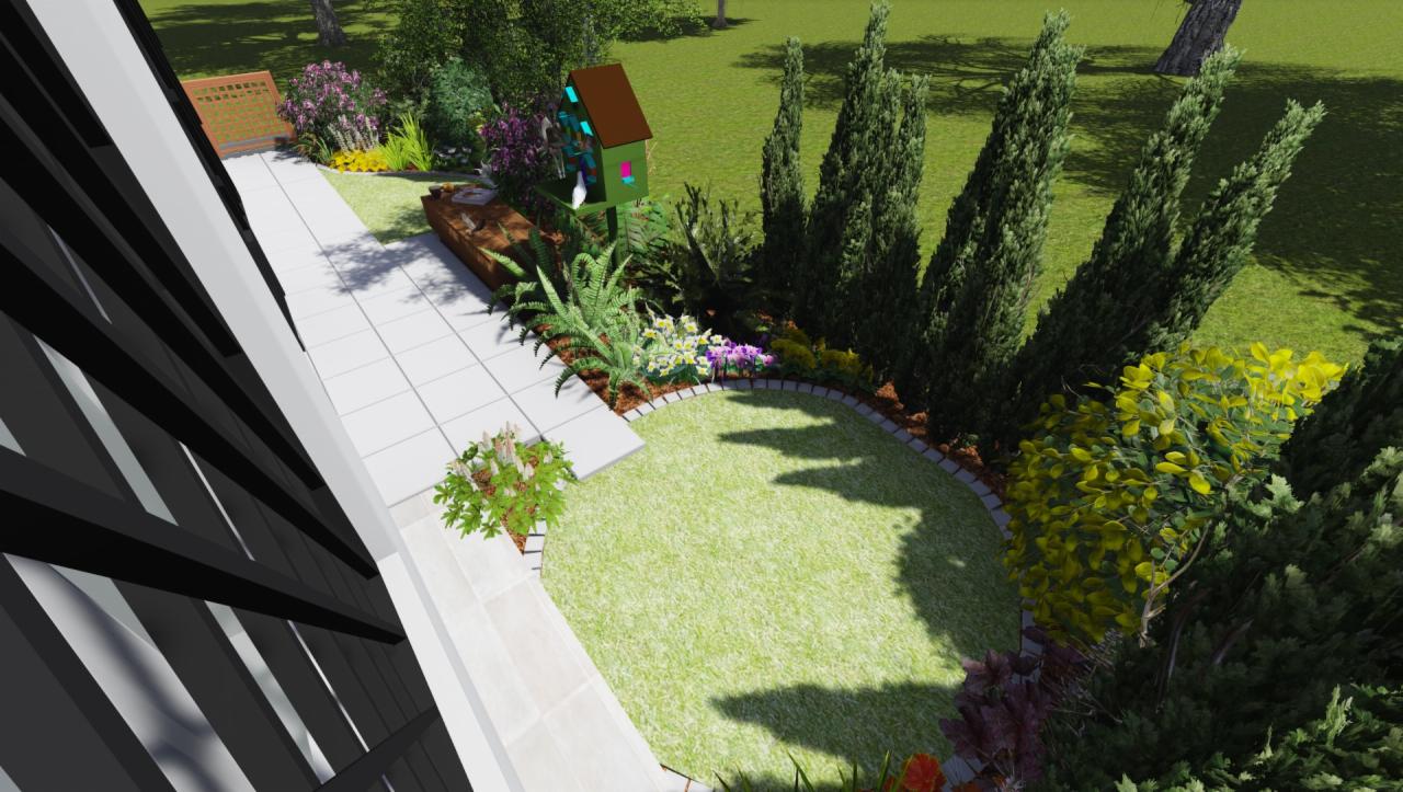 Wizualizacja ogrodu z trawnikiem obrzeżonym kamieniem, rabatami kwiatowymi, krzewami iglastymi i liściastymi, domkiem dla ptaków i ławką przy ścieżce z płyt.