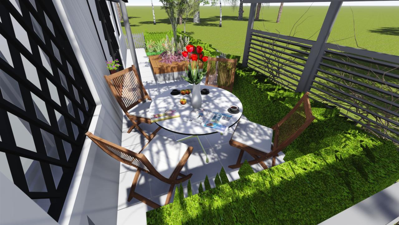 Wizualizacja tarasu z metalową pergolą, drewnianymi krzesłami i okrągłym stolikiem nakrytym do kawy, widok z góry na przydomowy ogród.