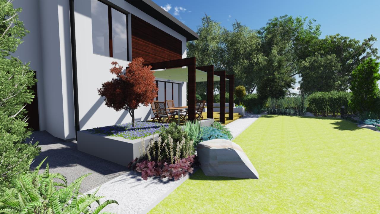 Wizualizacja ogrodu przydomowego z nowoczesnym tarasem pod pergolą, roślinnością ozdobną, trawnikiem i elementami małej architektury.