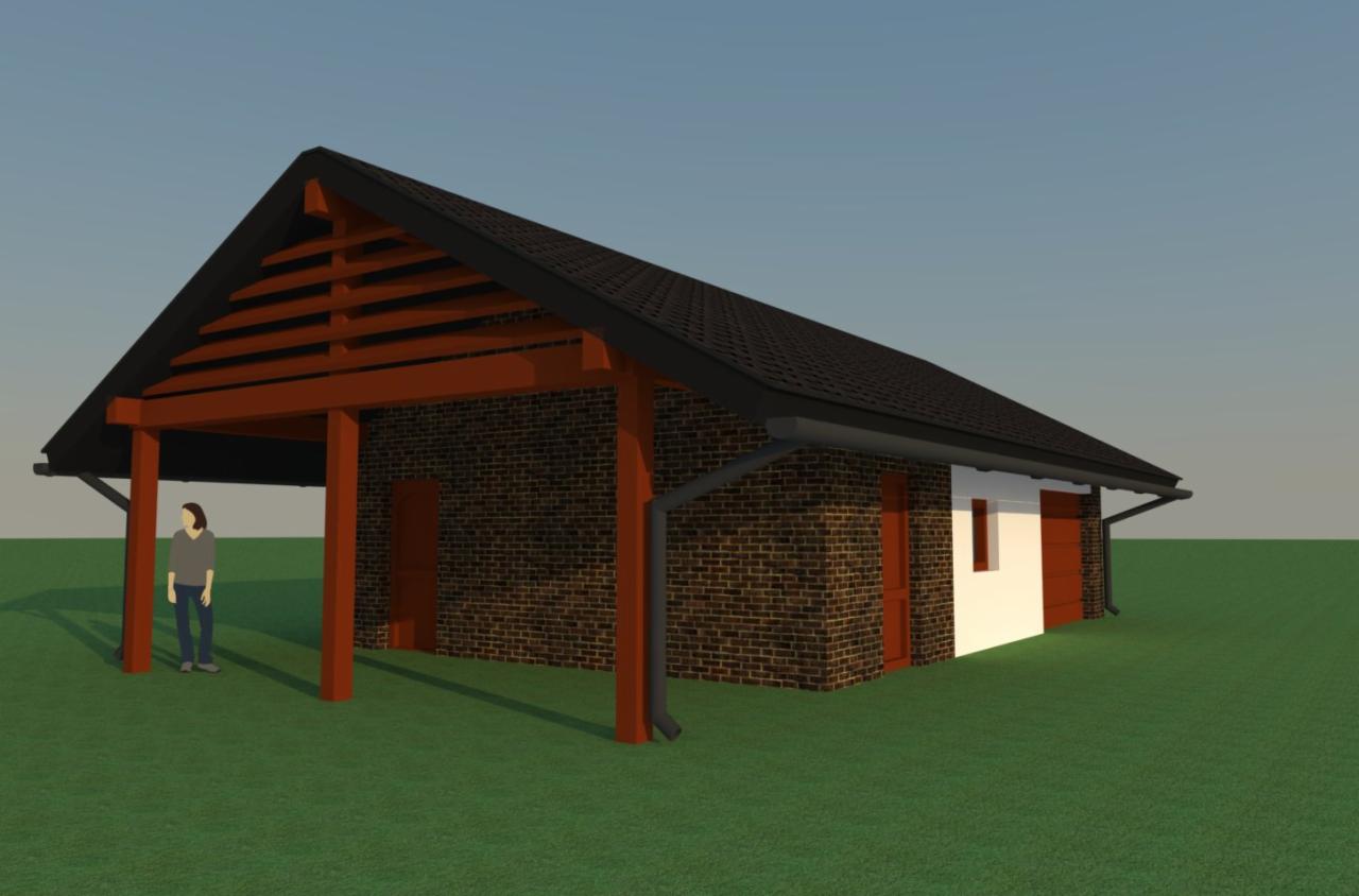 Wizualizacja 3D budynku z cegły z drewnianą pergolą, kobieta stoi obok filarów pergoli.