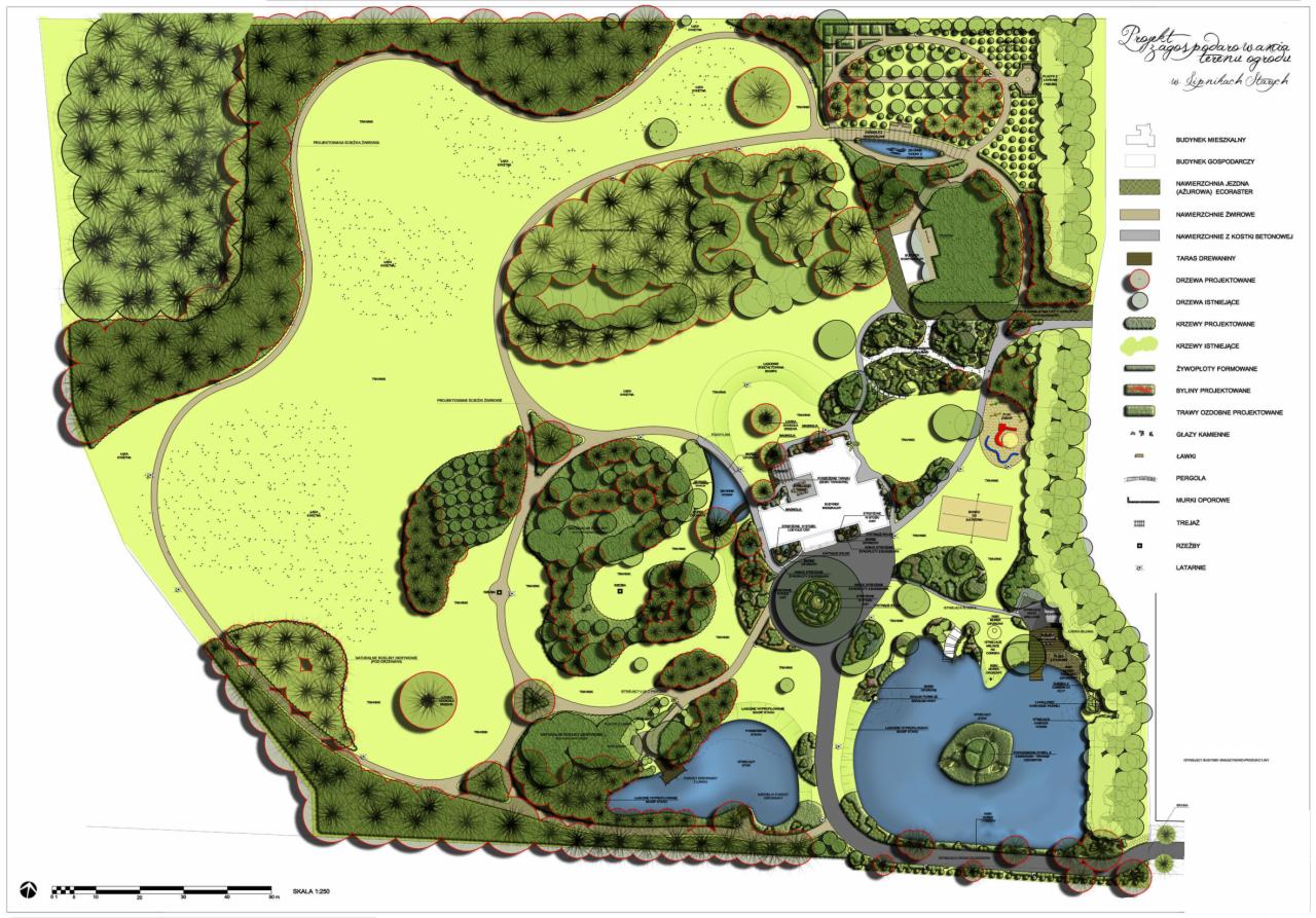 Projekt zagospodarowania terenu ogrodu w Lipnikach Starych, widok z góry na plan z zaznaczonymi budynkami, drzewami, krzewami, zbiornikami wodnymi i ścieżkami, z legendą po prawej stronie.
