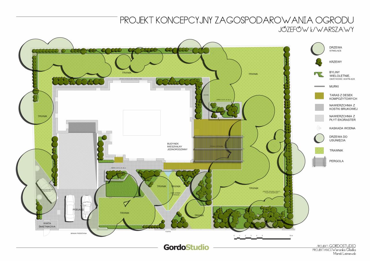 Projekt koncepcyjny zagospodarowania ogrodu w Józefowie k/Warszawy, widok z góry. Plan obejmuje budynek mieszkalny, trawniki, drzewa, krzewy, pergolę, murki, taras z desek kompozytowych...