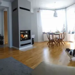 Panoramiczny widok na jasny salon z drewnianą podłogą, szarym kominkiem z paleniskiem, schodami z czarną balustradą, marmurową ścianą w tle i kotem w pierwszym planie.