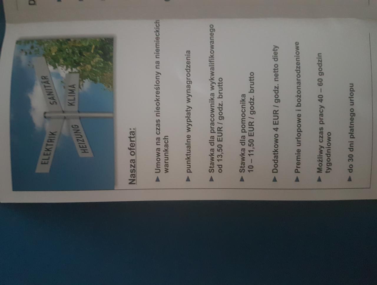 Ogłoszenie o pracę w Niemczech z ofertą dla elektryków, sanitariuszy, monterów klimatyzacji i ogrzewania, prezentowane jako drogowskaz z nazwami branż.