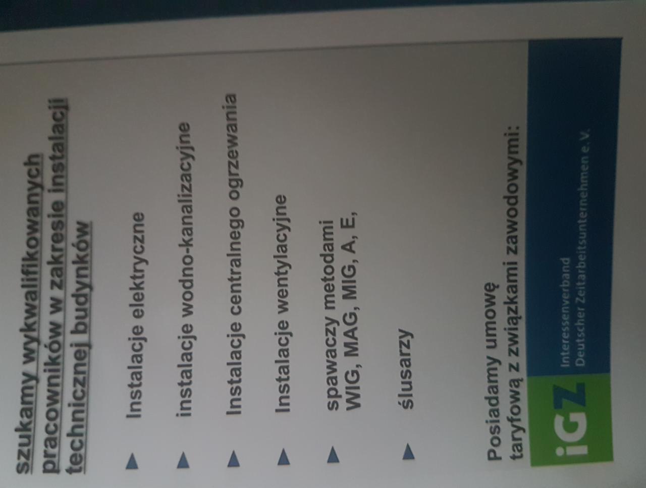 Ulotka reklamowa firmy poszukującej wykwalifikowanych pracowników w zakresie instalacji technicznej budynków, w tym instalacji elektrycznych, wodno-kanalizacyjnych, centralnego ogrzewania...