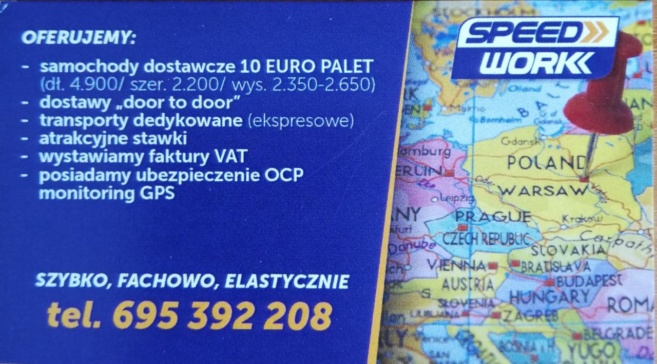 Oferta firmy transportowej: samochody dostawcze, dostawy door to door, transporty dedykowane, atrakcyjne stawki, faktury VAT, ubezpieczenie OCP, monitoring GPS. Mapa Europy z pinezką w Warszawie...