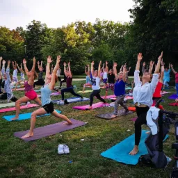 Grupa kobiet ćwiczy na matach do ćwiczeń na trawie w parku, wykonując pozycję wojownika z uniesionymi rękami, rowery zaparkowane w tle.